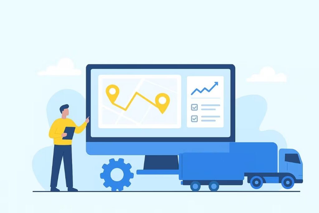 Illustration showing how a Transport Management System (TMS) improves fleet productivity for carriers through route optimization, real-time tracking, driver efficiency, and reduced downtime.