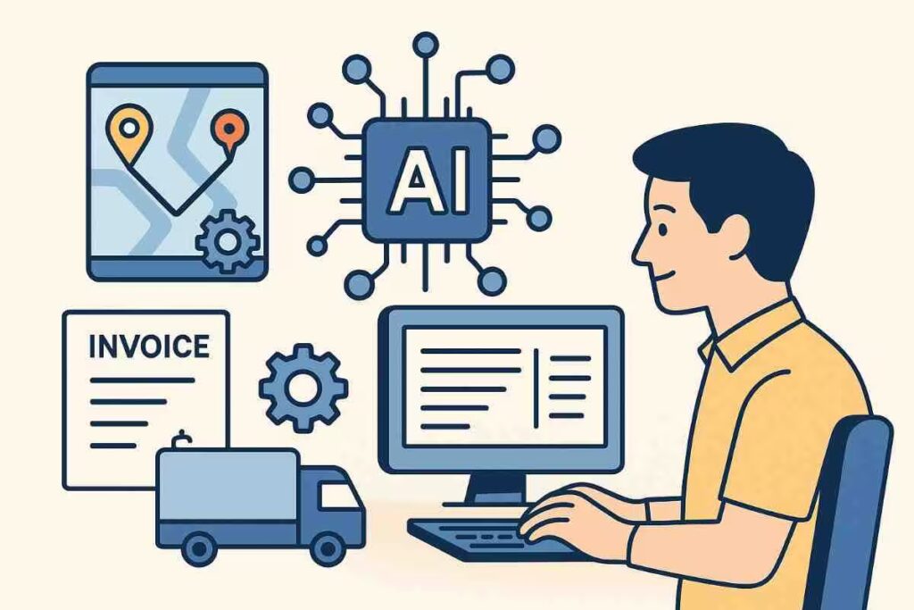 AI-powered carrier TMS software with route planning, truck tracking, and digital invoicing icons