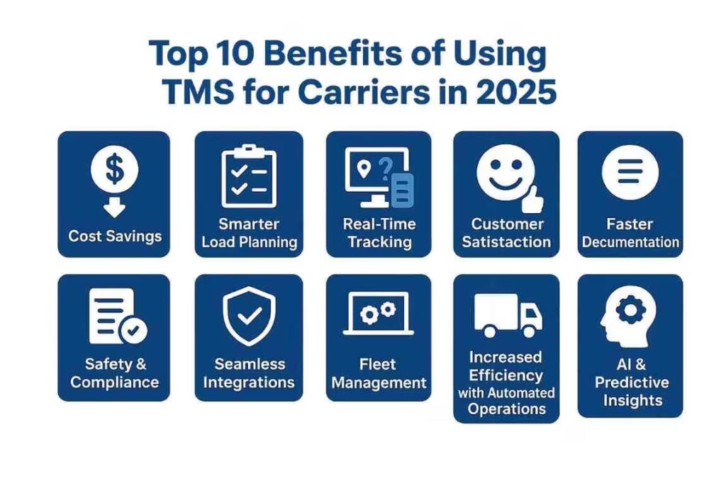 Infographic of top 10 benefits of TMS for carriers in 2025, showing cost savings, load planning, tracking, compliance, efficiency, and AI insights.