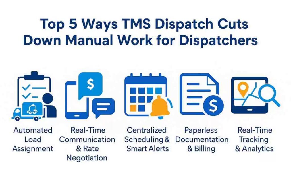 Infographic showing top 5 ways TMS Dispatch reduces manual work for dispatchers with icons for automated load assignment, real-time communication, centralized scheduling, paperless billing, and real-time tracking.