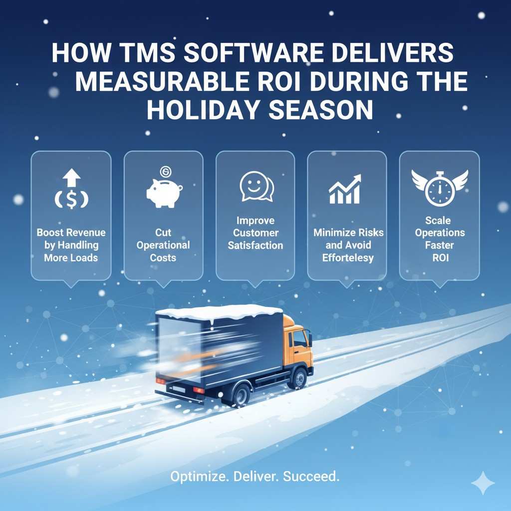 Illustration of a delivery truck driving through a snowy road highlighting how TMS software improves ROI during the holiday season.